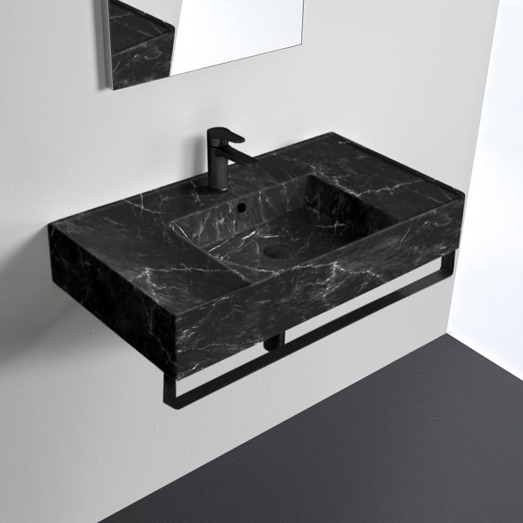 Scarabeo 5123-G-TB-BLK Black Marble Design Ceramic Wall Mounted Sink With Black Marble Design Towel Bar